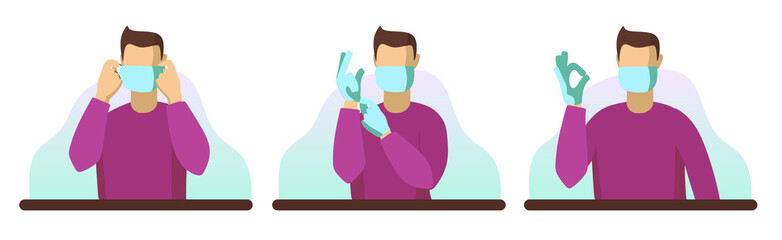 Face with medical mask on. Hands in gloves. Protection against viruses and bacteria during epidemics.Protective mask and gloves before street. Avoid infection. Coronavirus. Vector flat illustration