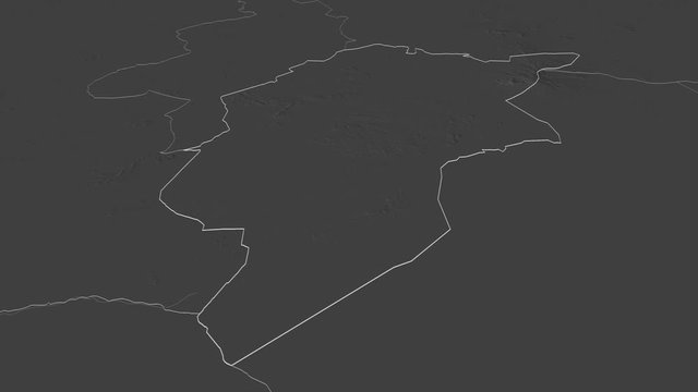 Central Darfur, state with its capital, zoomed and extruded on the bilevel map of Sudan in the conformal Stereographic projection. Animation 3D