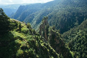 Beautiful nature of Caucasus mountains in summer seasons, green forest on rocks, on the road to thermal springs Gil Su, Russia