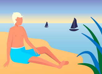 Obraz na płótnie Canvas A young man sits on the shore of a wild beach. The boy sunbathes on the beach. Seascape. Summer on the island. Flat cartoon illustration.