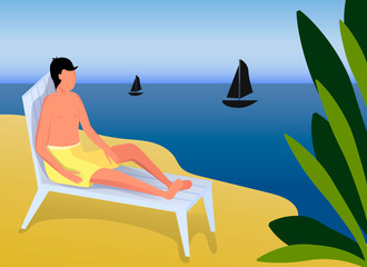 A young man lies on a deck chair on a wild beach. The boy sunbathes on the beach. Seascape. Summer on the island. Flat cartoon illustration.