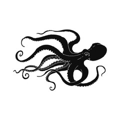 Black octopus swimming to the side - hand drawn silhouette © sabelskaya