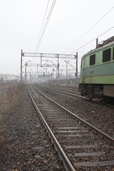 Fototapeta na wymiar Railroad closeup. rails blurred background