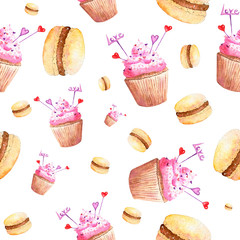 Seamless pattern with watercolor cakes and macaroons on a white background. Hand-drawn