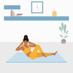 Workout at home during quarantine. Woman doing exercise at home. Woman doing sport at home, pumps up the press and legs by exercise. 