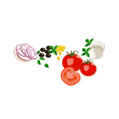 Set of fresh vegetables and mozzarella cheese, ingredients for pizza or salad. Mozzarella, tomatoes, onions, corn, olives, basil. Vector flat illustration isolated on a white background.