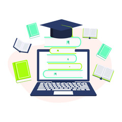 Concept for online education. E-learning, online education at home. Flat design concept of education, training and courses, learning. Vector.