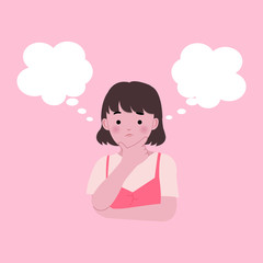 a young woman is thinking between two choices template. Contemplate for a decision. Flat style cartoon vector isolated.