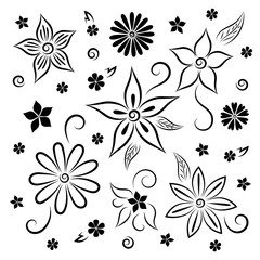 Set stylized flowers. Drawing a black line. Clipart for your design and decor: greeting card, poster, flyer, banner. Decoration. Template. Isolated objects on a white background. Vector illustration.