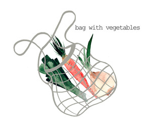 Watercolor illustration of bag with vegetables. Food illustration.  Food delivery.