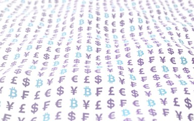 Bitcoin and currency on a white background. Digital crypto currency symbol. Wave effect, currency market fluctuations. Business concept. 3D illustration