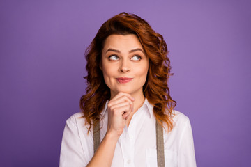 Closeup photo of pretty funny curly lady cheerful person good mood look interested side empty space...