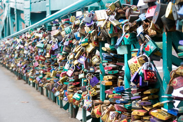 Love padlocks on a bridge.