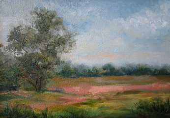 Summer landscape with a field and a tree, oil painting
