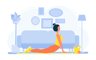 Practicing yoga at home. Enjoying meditation. Woman doing workout indoor. Healthy lifestyle. Relaxed young woman enjoying rest. Trendy vector illustration in flat cartoon style.