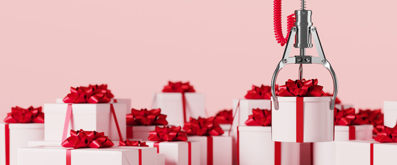 Gifts for special sale and happiness holiday concept. Pink gifts box and red bow ribbon catch by toy claw machine on pink background. 3d rendering illustration.
