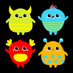 Happy Halloween. Monster icon set. Baby icon. Cute cartoon kawaii scary funny colorful character. Eyes, tooth fang, tongue, hands up. Isolated. Black background. Flat design.