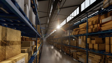 Between the Shelves of a Warehouse with Sun Shining Through the Window 3D Rendering