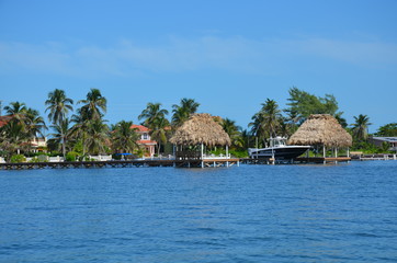 Fototapeta na wymiar View from boat tropical beach resort in Ambergris Caye Belize