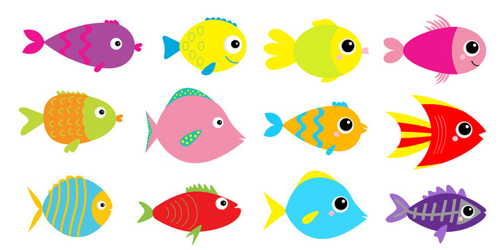 Fish icon set. Cute cartoon kawaii colorful aquarium animals. Baby kids collection. White background. Isolated. Flat design