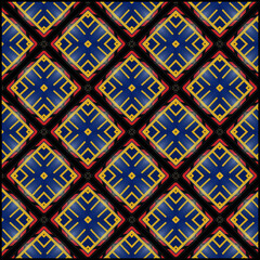 seamless red pattern with blue and yellow geometric shapes
