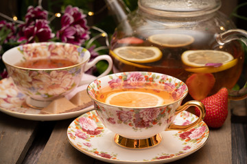 Black tea on a wooden table