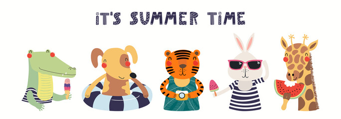 Hand drawn card, banner with cute animals, text Its Summer Time. Vector illustration. Isolated on white background. Scandinavian style flat design. Concept for children holidays print, invite, poster.