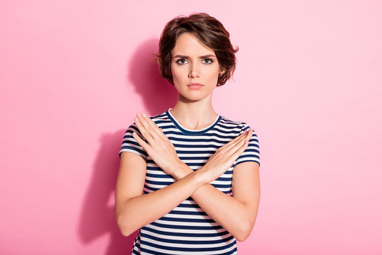 Stop Dont Move, Portrait Of Serious Strict Sullen Girl Cross Hands Sign X Reject Refuse Choice Decisions Wear Good Look Outfit Isolated Over Pastel Color Background