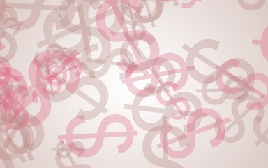 Multicolored translucent dollar signs on white background. Red tones. 3D illustration