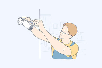 Installation, service, camera concept. Man boy technician worker cartoon character repairing or setting new video observation device with screwdriver. Security support safety provision illustration.