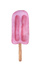 Isolated watercolor of fruit ice cream on stick in pink color on white background. Colorful sweet summer dessert. Hand drawn illustration for greeting card, poster, menu, summer invitation.