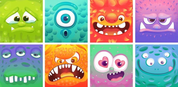 Cute colorful cartoon moster set - different facial expressions of alien animals.