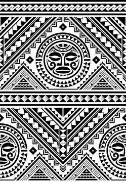 Polynesian seamless geometric vector pattern with Maori face mandala tattoo design, Hawaiian tribal background inspired by art traditional geometric art
