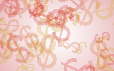 Multicolored translucent dollar signs on white background. Red tones. 3D illustration
