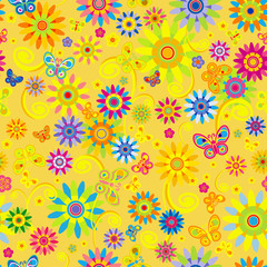 Vector seamless - flower curl pattern with butterfly