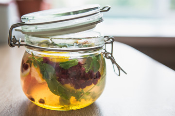 Drink of mint, honey, lemon, lemon balm and grapefruit.