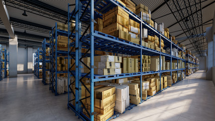 Shelves Inside a Warehouse Stacked with Boxes 3D Rendering