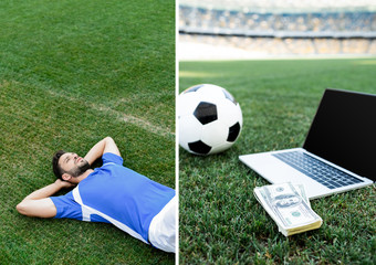 collage of professional soccer player in blue and white uniform lying  on football pitch, laptop, money and ball at stadium © LIGHTFIELD STUDIOS