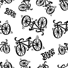 Seamless pattern with bicycle illustration and lettering of word Bike. On an isolated black background. great print for fabric and bedding