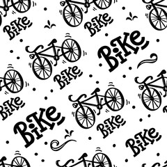 Seamless pattern with bicycle illustration and lettering of word Bike. On an isolated black background. great print for fabric and bedding.