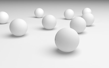 White abstract background. Set of white balls isolated on white backdrop. 3D illustration