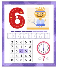 Learning Number 6 with funny monster. Coloring printable worksheet for kindergarten and preschool. Six. Handwriting practice. Coloring book.