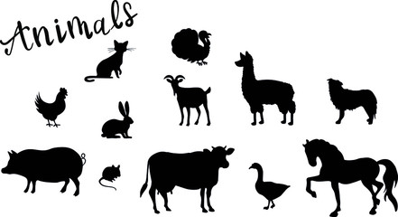 Animals silhouette, cat, cow, pig, horse, dog, hare vector isolated design elements on white background. Concept for logo, icon, print 