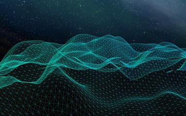 Abstract landscape on a dark background. Cyberspace grid. hi tech network. Outer space. Starry outer space texture. 3D illustration