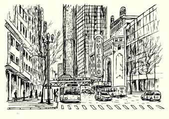 Chicago city street scene with architecture and traffic . Hand drawn isolated vector illustration.
