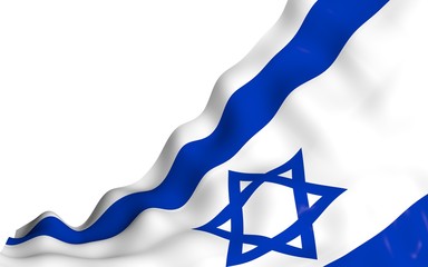 The flag of Israel. State symbol of the State of Israel. A blue Star of David between two horizontal blue stripes on a white field. 3d illustration
