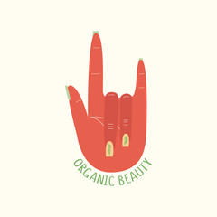 Vector illustration of a woman's hand with an organic manicure. The concept of natural and organic products and cosmetics. Illustration for advertising, animation, logos, posters for organic companies