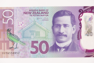 Close-up of New Zealand 50$ dollars banknotes, Macro shot of New Zealand currency.