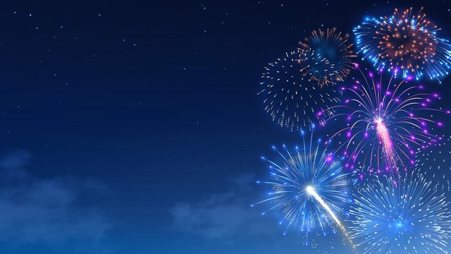 Fireworks bursts in starry night sky. Festival firework show, colorful bright banger and firecracker burst. Christmas celebration realistic vector background
