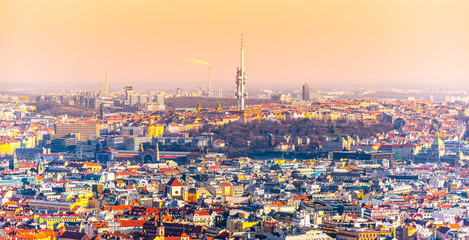 Prague panoramic cityscape with Zizkov Tower in the middle. Praha, Czech Republic